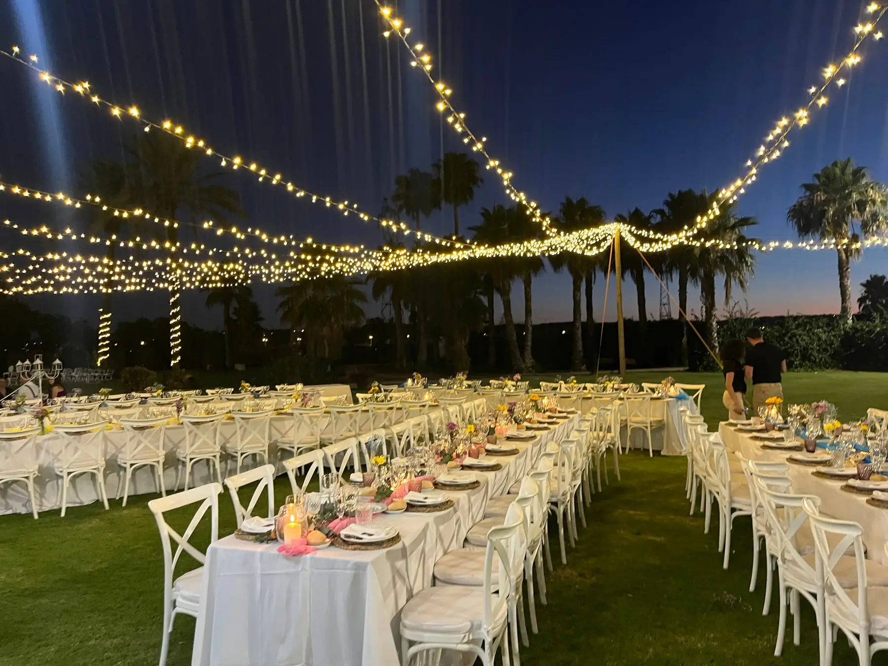 Largas mesas de banquete de noche bajo guirnaldas de luces entre las palmeras